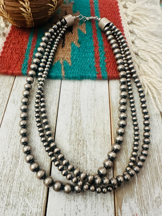 Navajo Sterling Silver Pearl Beaded Triple Strand Necklace