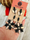 Navajo Mother of Pearl, Onyx & Sterling Silver Flower Dangle Earrings