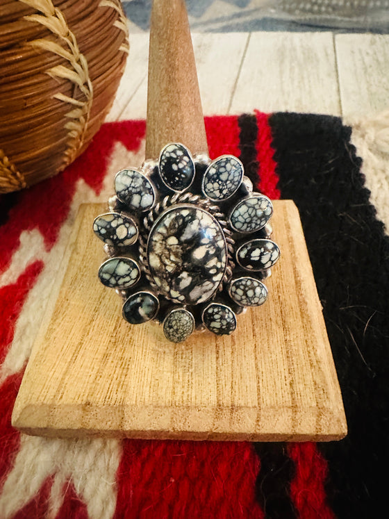 Navajo Sterling Silver & Tibetan Turquoise Cluster Adjustable Ring