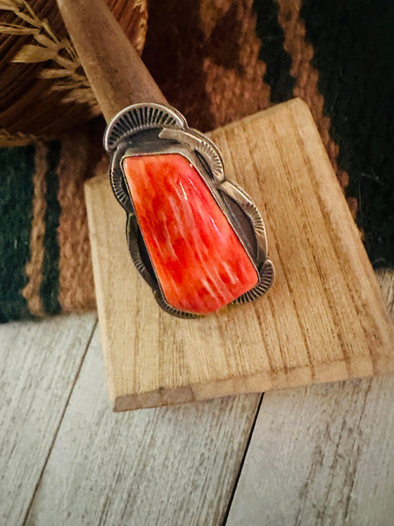 Navajo Orange Spiny & Sterling Silver Ring Size 8.75