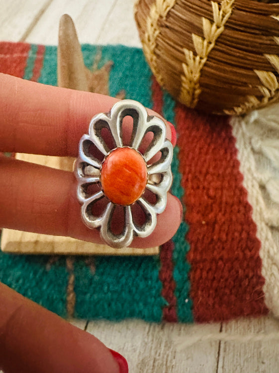 Navajo Sterling Silver & Orange Spiny Flower Ring