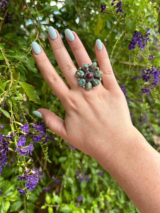 Beautiful Handmade Number 8 Turquoise, Purple Spiny And Sterling Silver Adjustable Cluster Ring