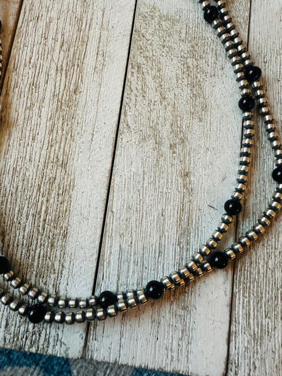 Navajo Pearl Sterling Silver & Onyx 70 inch Beaded Necklace