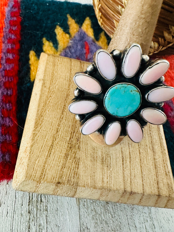 Navajo Sterling Silver, Queen Pink Conch Shell & Turquoise Cluster Ring