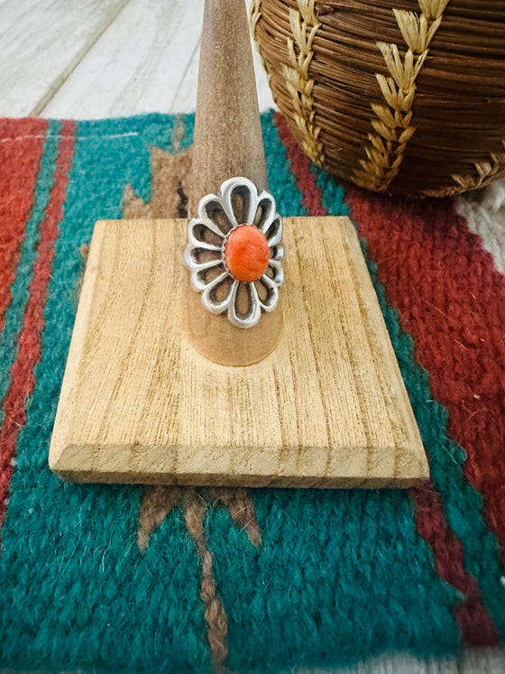 Navajo Sterling Silver & Orange Spiny Flower Ring