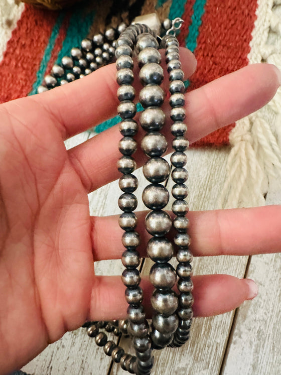 Navajo Sterling Silver Pearl Beaded Triple Strand Necklace