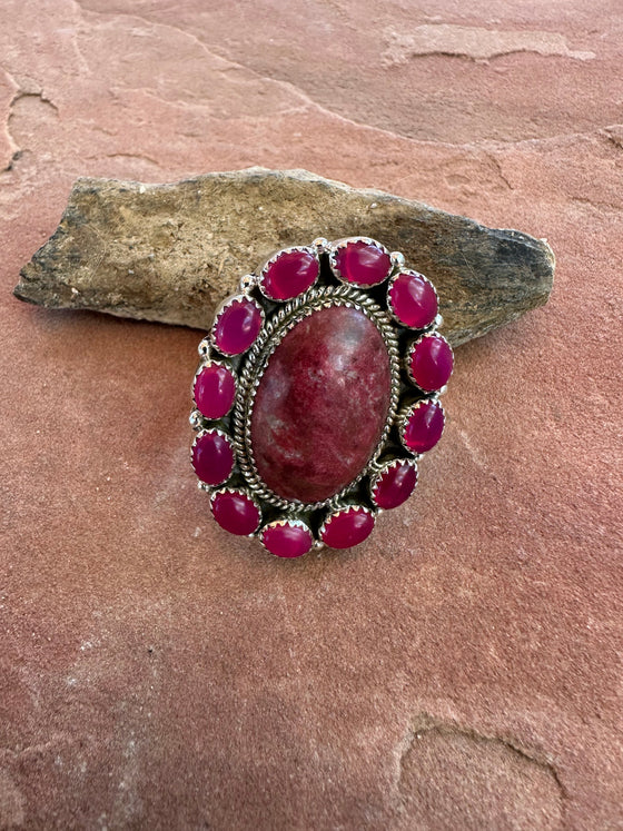 Handmade Thulite, Pink Onyx & Sterling Silver Adjustable Ring