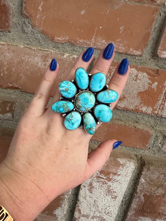 Beautiful Navajo Sterling Silver & Golden Hills Turquoise Statement Ring Size 9.5 Signed Travis J