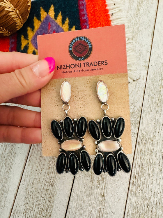 Navajo Mother of Pearl, Onyx & Sterling Silver Dangle Earrings