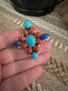 Beautiful Handmade Sterling Silver Lapis, Turquoise & Coral Adjustable Ring