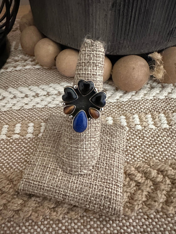 Beautiful Handmade Onyx, Lapis And Sterling Silver Adjustable Ring