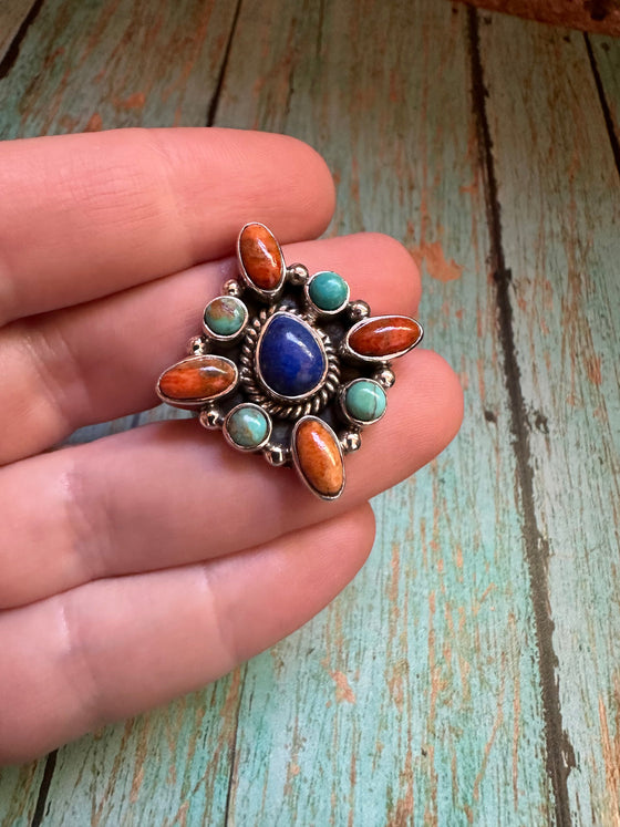 Handmade Turquoise, Lapis, Orange Mojave And Sterling Silver Adjustable Ring