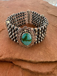  Handmade Sterling Silver & Sonoran Turquoise Beaded Navajo Pearl Style Bracelet