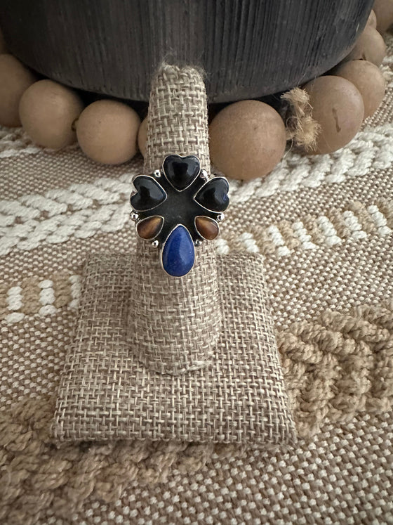 Beautiful Handmade Onyx, Lapis And Sterling Silver Adjustable Ring