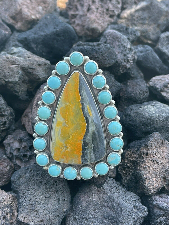 Navajo Sterling Bumblebee and Turquoise Stone Ring Sz 8