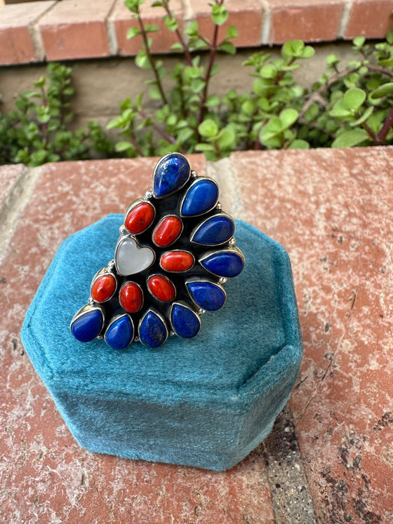 4TH OF JULY COLLECTION Handmade Coral, Lapis, Mother of Pearl Adjustable Crescent Ring