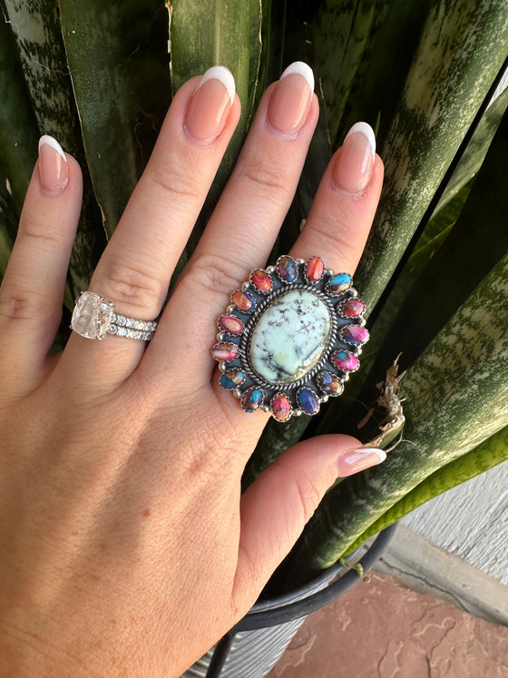 Beautiful Handmade Palomino Turquoise, Pink Dream And Sterling Silver Adjustable Ring