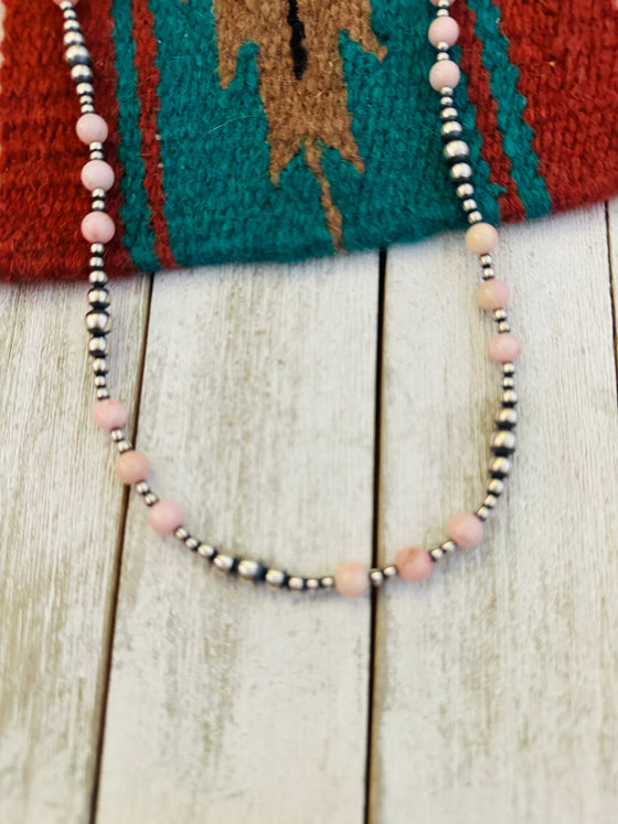 Navajo Sterling Silver Pearl & Queen Pink Conch Beaded 24” Necklace