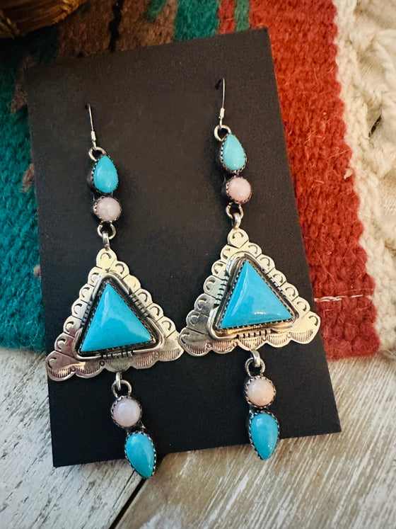 Navajo Mother of Pearl, Turquoise & Sterling Silver Dangle Earrings