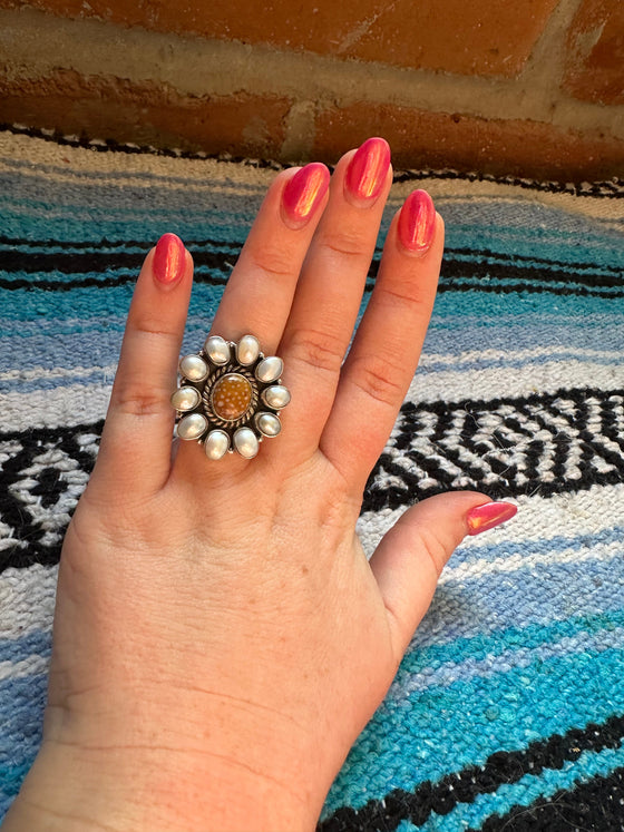 Beautiful Handmade Jasper, Mother of Pearl And Sterling Silver Adjustable Cluster Ring