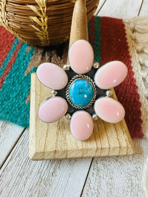 Navajo Sterling Silver, Queen Pink Conch & Turquoise Adjustable Flower Ring