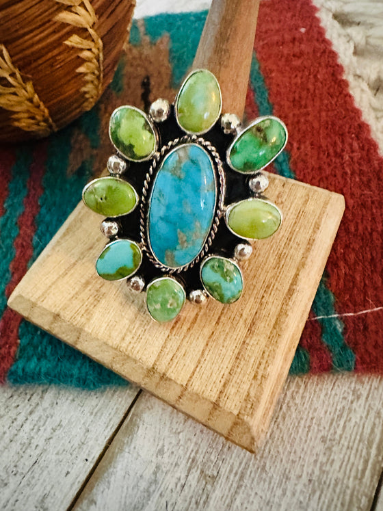 Navajo Sterling Silver & Multi Turquoise Cluster Adjustable Ring