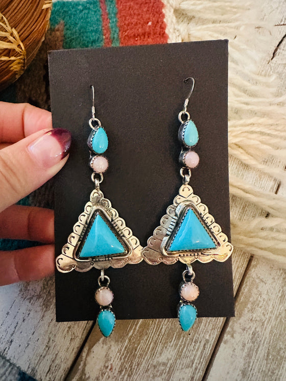 Navajo Mother of Pearl, Turquoise & Sterling Silver Dangle Earrings