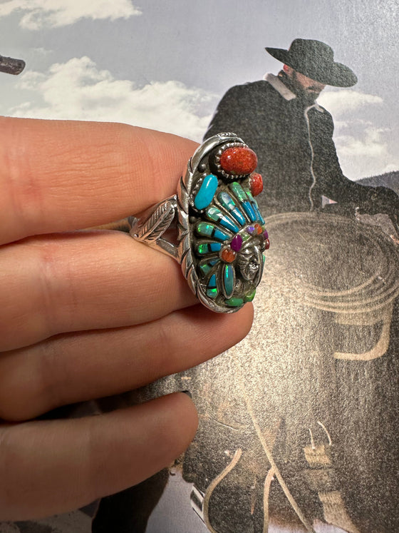 Handmade Sterling Silver & Multi Stone Inlay Indian Chief Ring Size 11.5