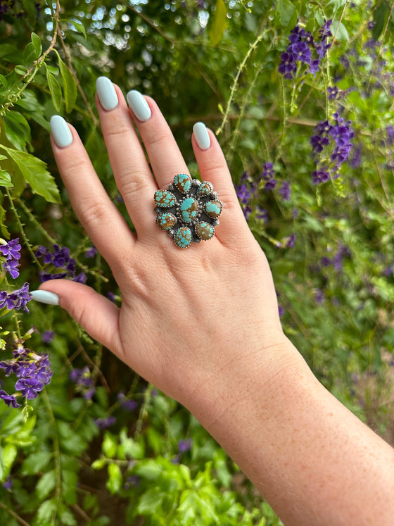 Beautiful Handmade Number 8 Turquoise And Sterling Silver Adjustable Cluster Ring