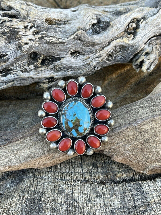 Navajo Sterling Silver Kingman Web Turquoise & Red Coral Taos Ring Sz 7.5