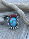 Navajo Sterling Kingman Web Turquoise & Red Coral Taos Collection Ring Sz 6.5