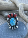 Navajo Sterling Kingman Web Turquoise & Red Coral Taos Collection Ring Sz 7.5