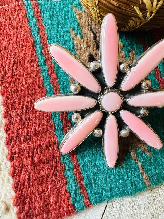 Navajo Sterling Silver & Queen Pink Conch Adjustable Flower Ring