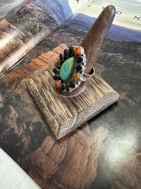 Nizhoni Handmade Sterling Silver, Onyx, Turquoise & Orange Mojave Adjustable Ring