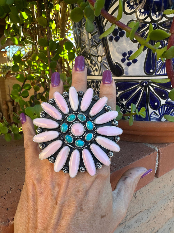 Navajo Sterling Silver, Turquoise & Queen Pink Conch Adjustable Ring