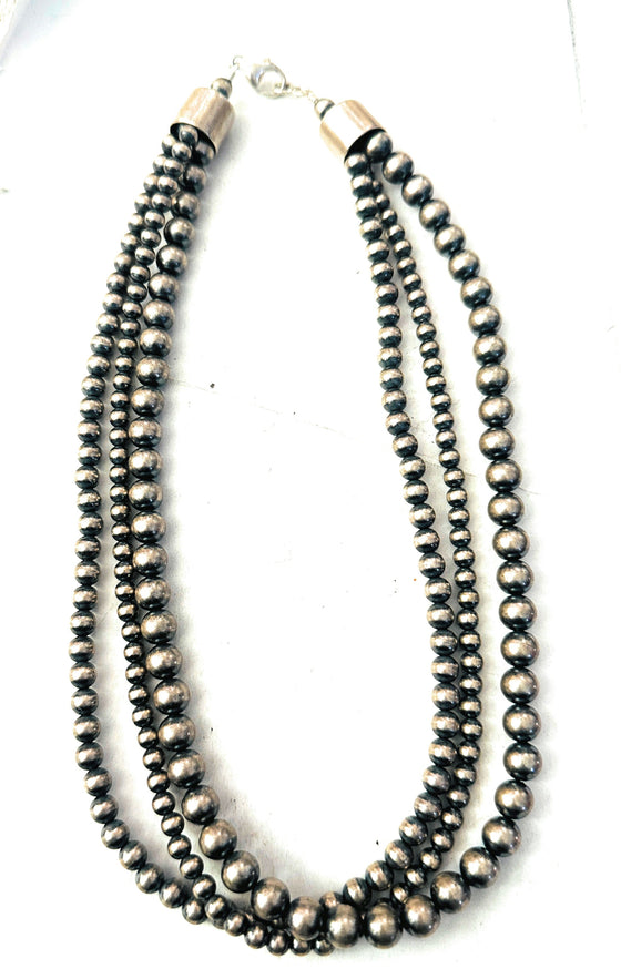 Navajo Sterling Silver Pearl Beaded Triple Strand Necklace