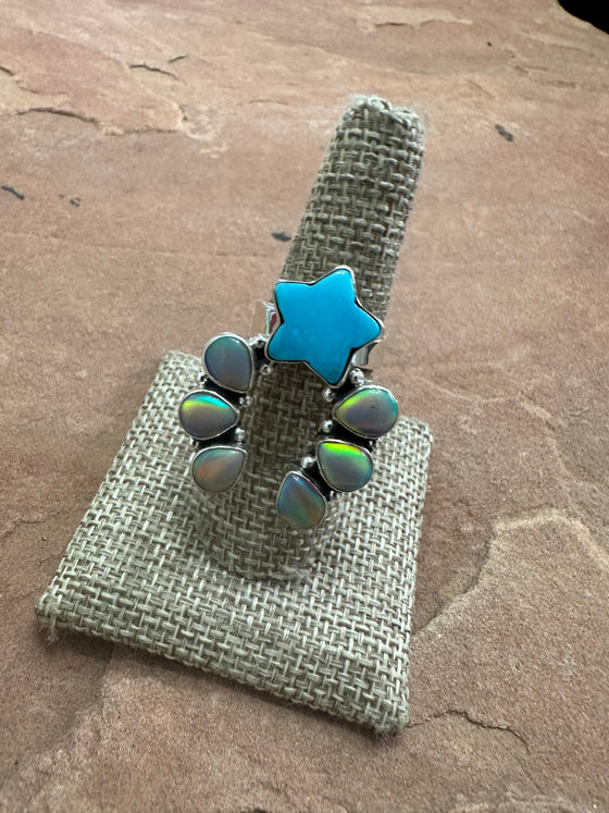 Beautiful Handmade Turquoise, Opal And Sterling Silver Adjustable Star Ring