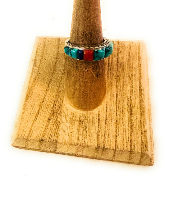 Navajo Turquoise, Coral, Lapis & Sterling Silver Inlay Ring Size 6