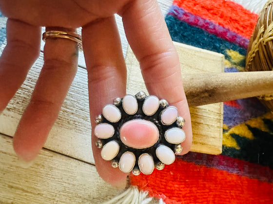 Navajo Sterling Silver & Queen Pink Conch Cluster Adjustable Ring