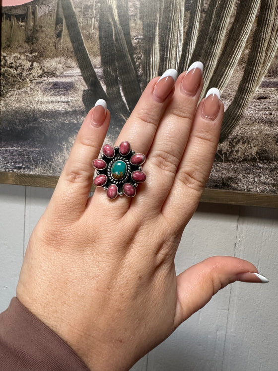 Handmade Rhodonite, Turquoise & Sterling Silver Adjustable Ring Signed Nizhoni