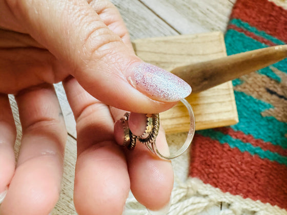 Navajo Sterling Silver & Queen Pink Conch 2 Stone Adjustable Ring