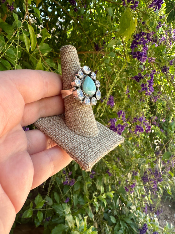 Handmade Larimar, CZ & Sterling Silver Adjustable Ring