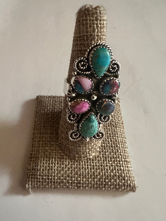 Handmade Turquoise, Pink Dream And Sterling Silver Adjustable Ring