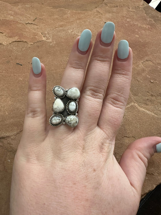 Beautiful Handmade White Buffalo And Sterling Silver Adjustable Ring