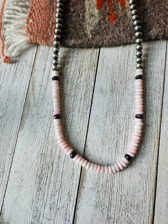 Navajo Sterling Silver Pearl, Queen Pink Conch & Spiny Beaded 24” Necklace