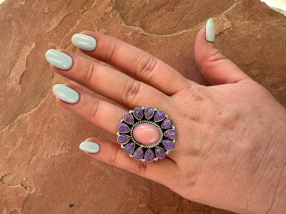 Handmade Pink Conch, Purple Fire Opal & Sterling Silver Adjustable Ring