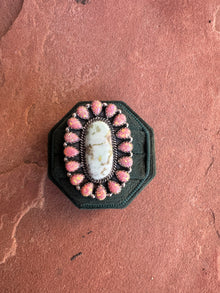  Beautiful Handmade Palomino Turquoise, Pink Fire Opal And Sterling Silver Adjustable Ring