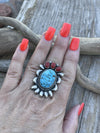 Navajo Sterling Kingman Web Turquoise & Red Coral Taos Collection Ring Sz 6.5