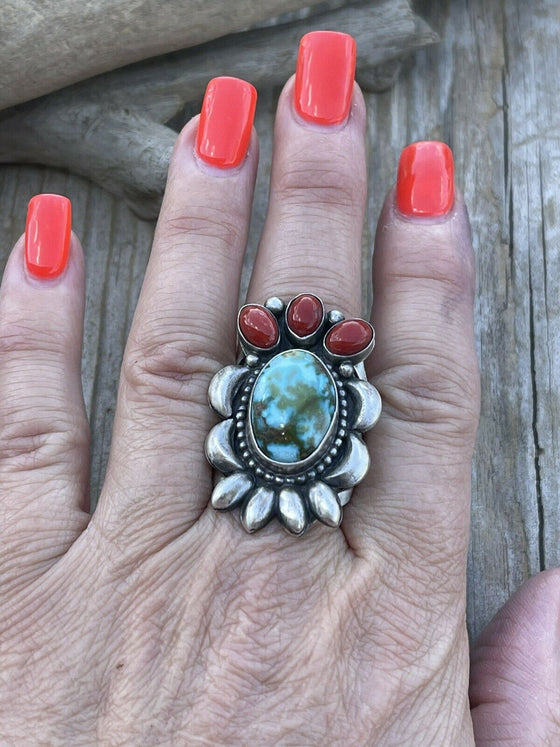 Navajo Sterling Kingman Web Turquoise & Red Coral Taos Collection Ring Sz 8.5