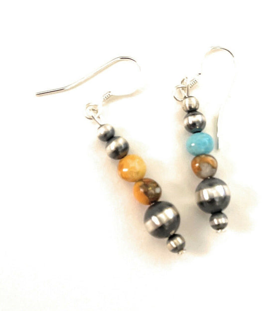 Navajo Sterling Silver Pearl, Turquoise & Spiny Spice Beaded Earrings